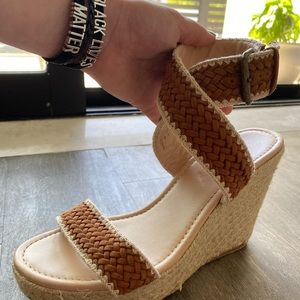 JustFab Brown and Tan Woven Espadrille Wedges